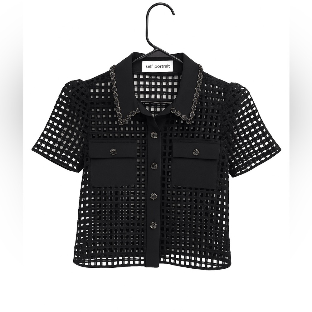 Self-Portrait Black Grid Mesh Top